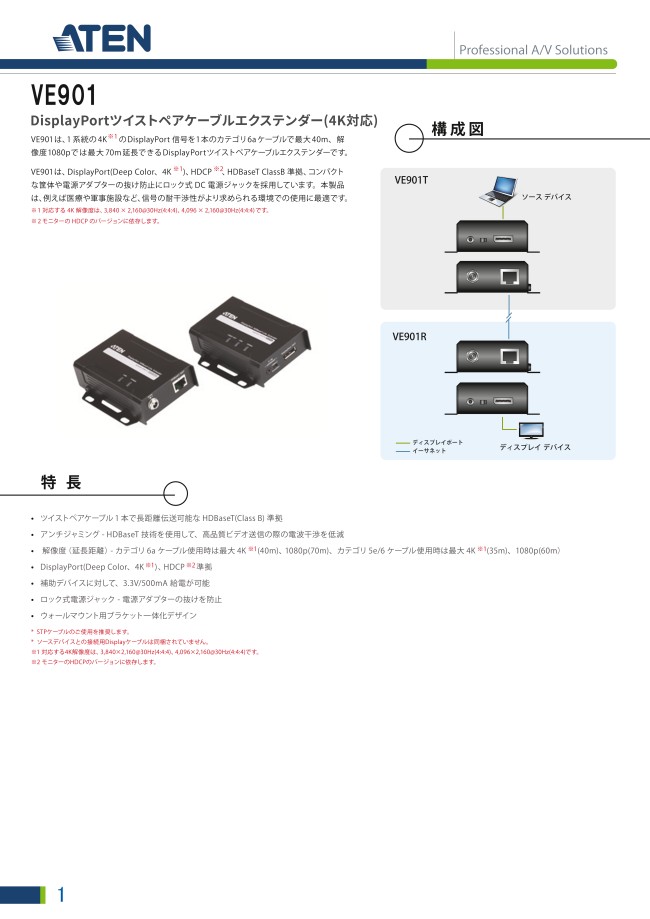 デポー ATEN Store 店ATEN DisplayPortツイストペアケーブルエクステンダー 4K対応 VE901