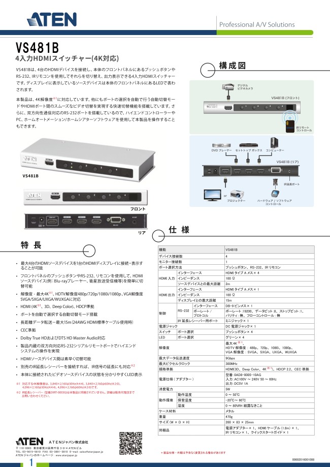 4入力HDMIスイッチャー（4K対応） ATEN MISUMI(ミスミ)