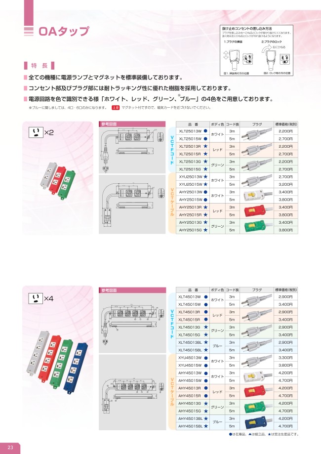 寺田電機製作所のハーネス付 OAタップ 青色 白色 緑色