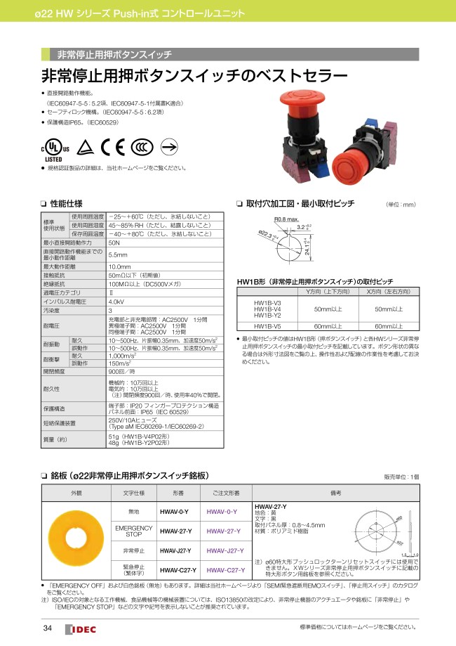 Hwシリーズ非常停止用押ボタンスイッチ オプション アクセサリ ｉｄｅｃ Misumi ミスミ