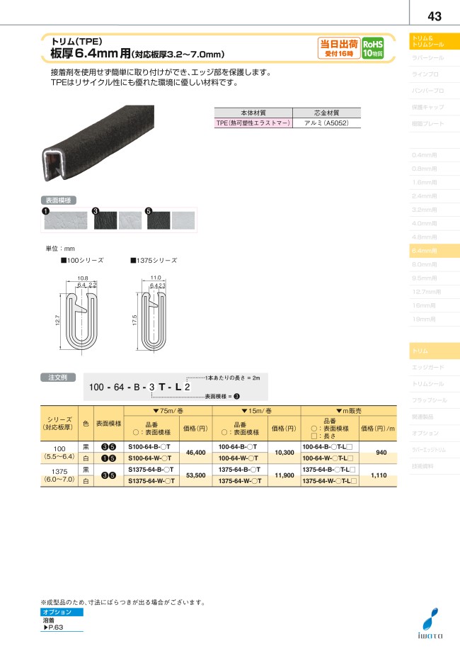 トリム(TPE)板厚6.4mm用(対応板厚6.0~7.0mm) | 岩田製作所 | MISUMI(ミスミ)