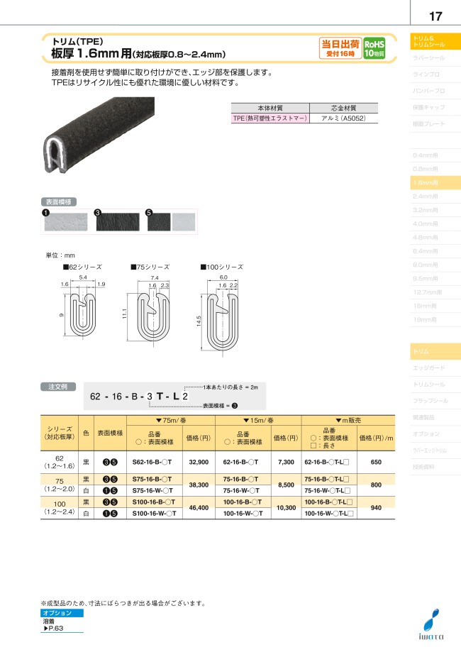 S62-16-B-3T | トリム 板厚1.6mm用(対応板厚0.8~2.4mm) | 岩田製作所 | MISUMI(ミスミ)
