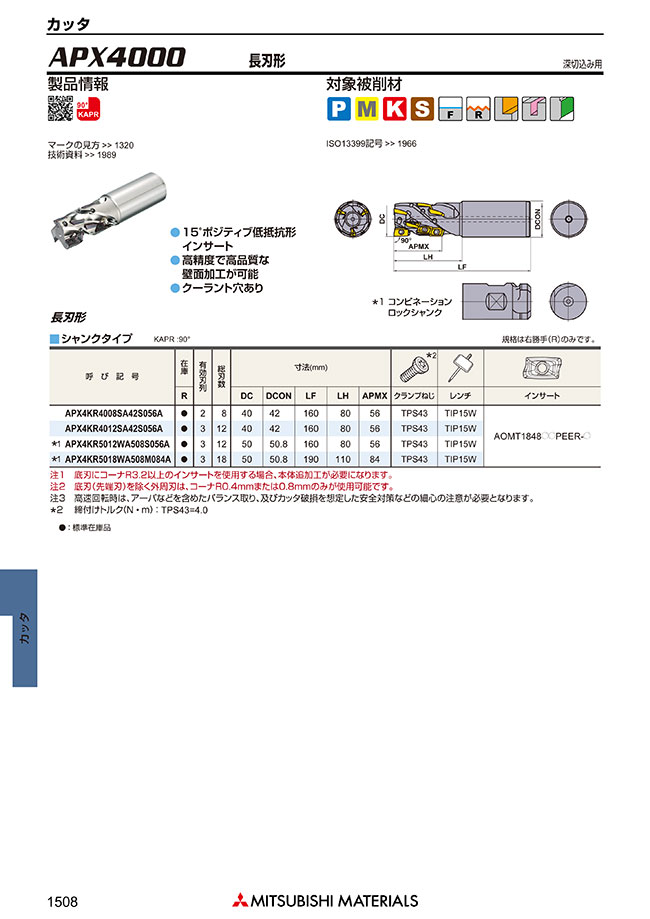 【メール便不可】 三菱マテリアル MITSUBISHI エンドミル シャンクタイプ APX4KR4008SA42S056A