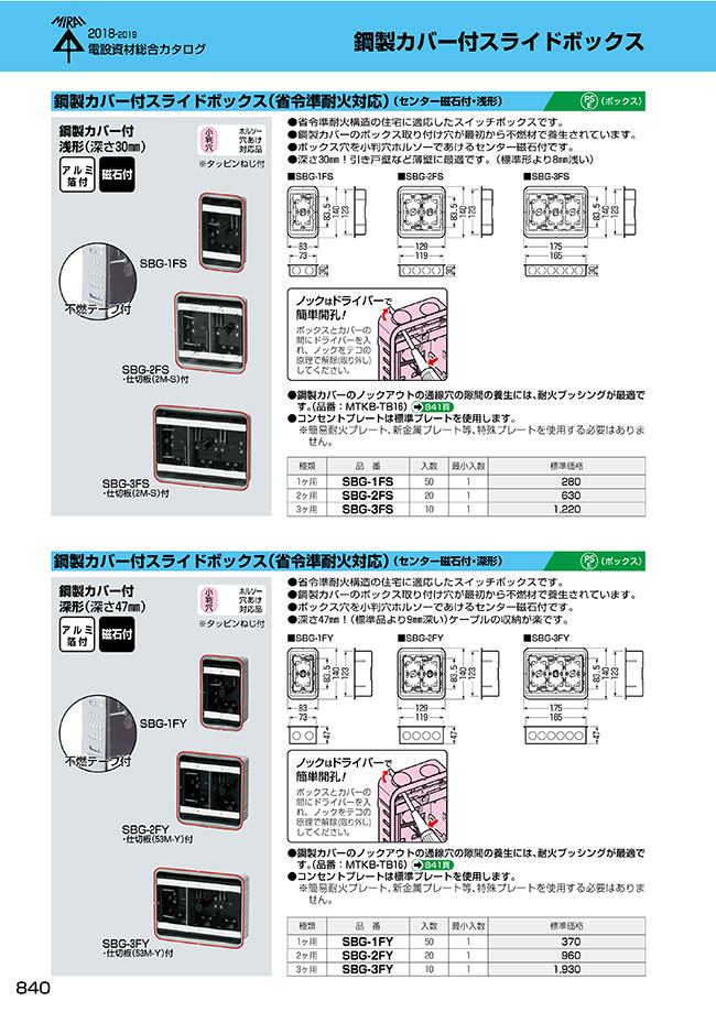 鋼製カバー付スライドボックス 省令準耐火対応 センター磁石付 深形 未来工業 Misumi Vona ミスミ