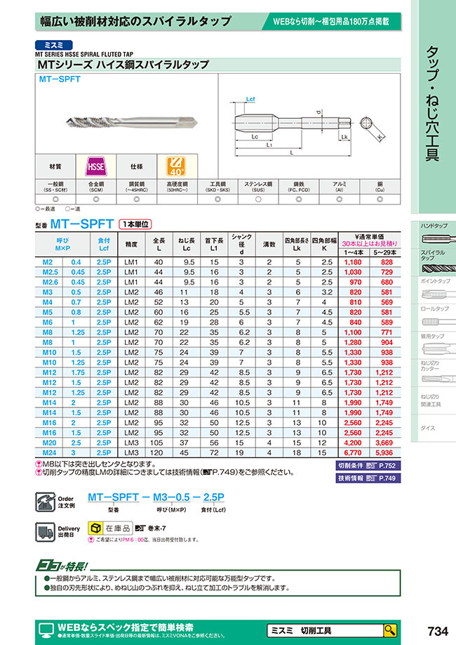 MTシリーズ ハイス鋼スパイラルタップ MT-SPFT | ミスミ | MISUMI(ミスミ)