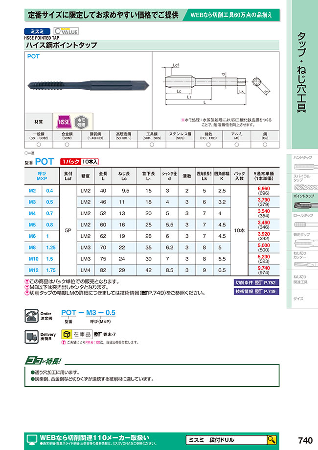 POT-M8-1.25 | ハイス鋼ポイントタップ | ミスミ | MISUMI(ミスミ)