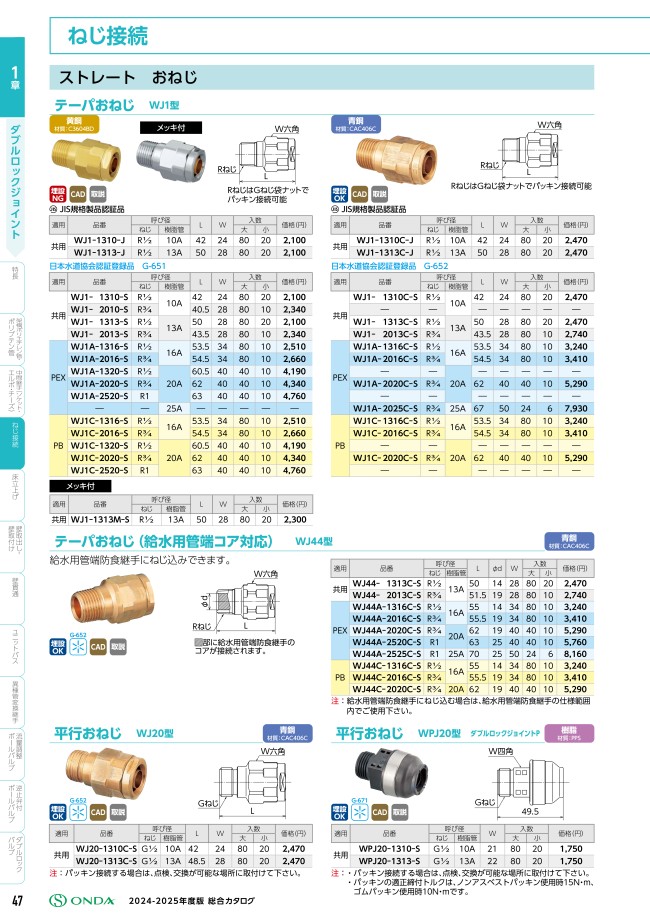ダブルロックジョイント WJ1型 テーパおねじ 黄銅製 | オンダ製作所 | MISUMI(ミスミ)