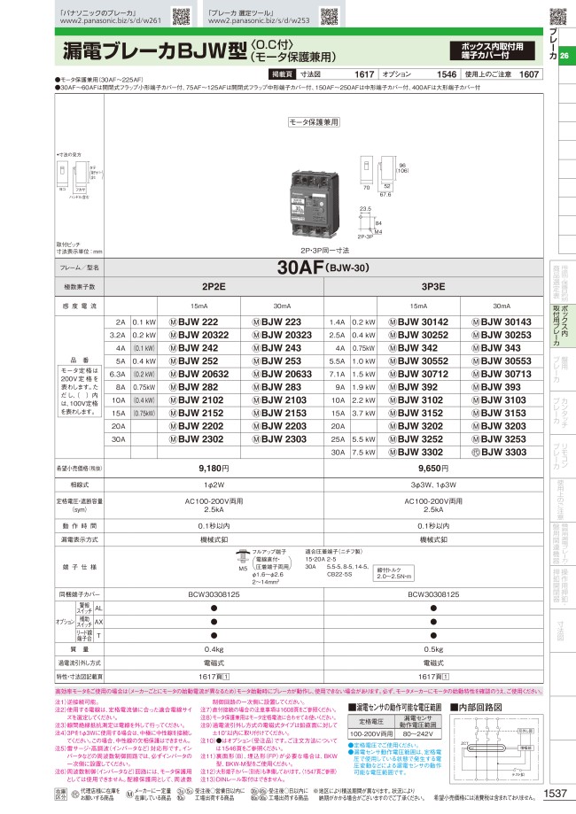 漏電ブレーカBJW型（O.C付 モータ保護兼用） | Panasonic | MISUMI 