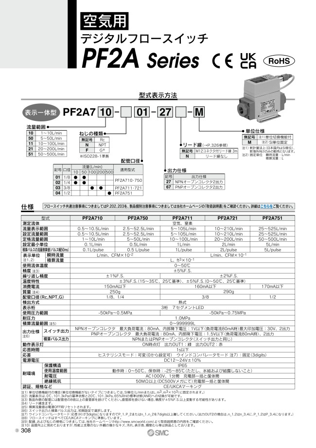 PF2A711-03-27 | 空気用 デジタルフロースイッチ PF2Aシリーズ | SMC | MISUMI(ミスミ)