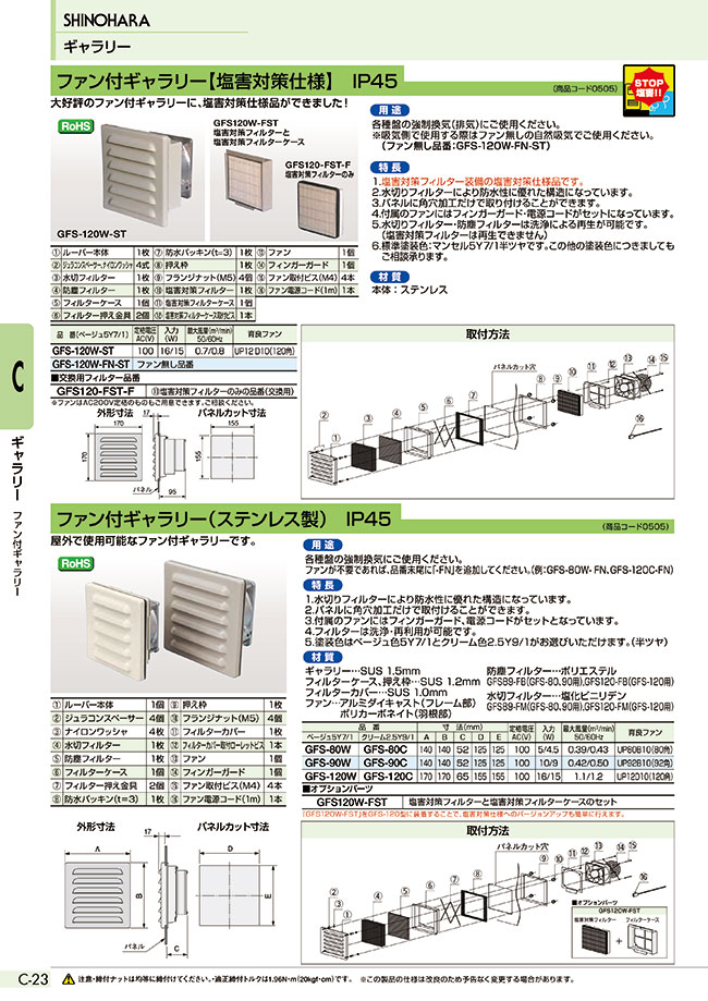 GFS-120C ファン付きギャラリー （ステンレス製） IP45 篠原電機 MISUMI(ミスミ)
