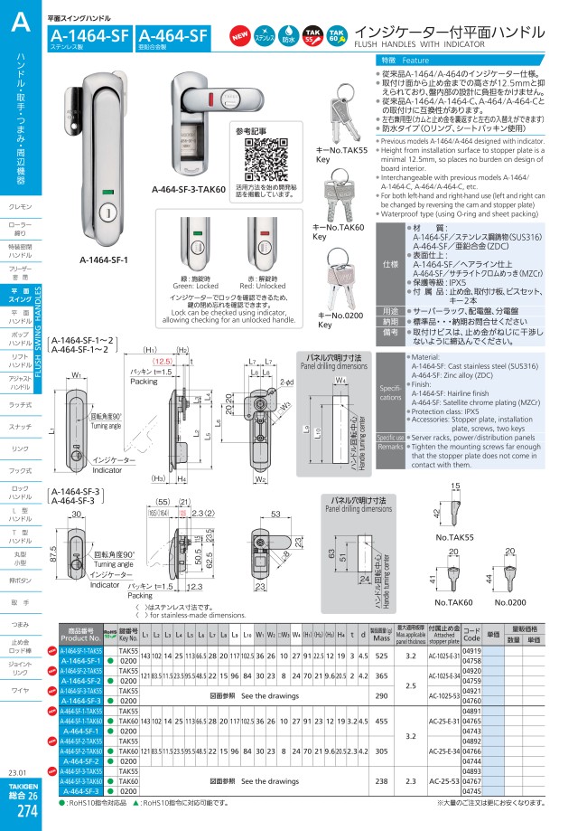 A-464-SF-1-TAK55 | インジケーター付平面ハンドル A-1464-SF・A-464-SF | タキゲン製造 | MISUMI(ミスミ)