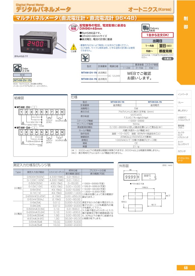 MT4W-DV-1N | マルチパネルメータ（直流電圧計・直流電流計 96×48