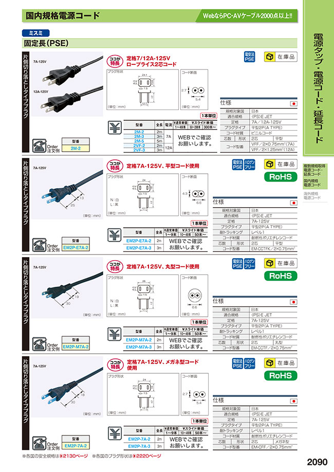 ACコード 固定長（PSE）片側切り落としタイププラグ,ケーブル形状：丸型 ミスミ MISUMI(ミスミ)